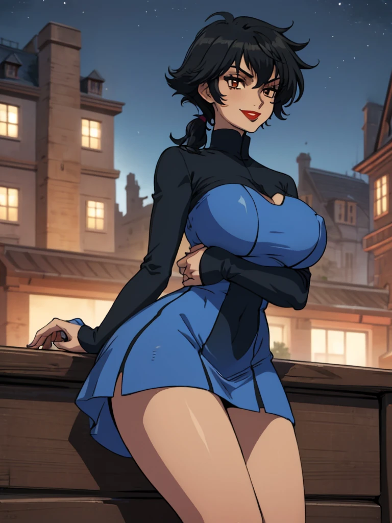 best quality, ultra-detailed, best illustration, masterpiece, high res (1girl:1.3), (large breast:1.5), closed mouth, (21 years old), ((1girl)), ((((solo))), (((alone))), (((genderbend))), (((female))), wide hips, thick thighs, narrow waist, ((blue top)), ((blue dress)), ((in a beautiful mansion)), ((anime artstyle)), long eyelashes, ((long black hair)), (((at night))), (red lipstick), (black eyeshadow), (in the dark), (smiling)