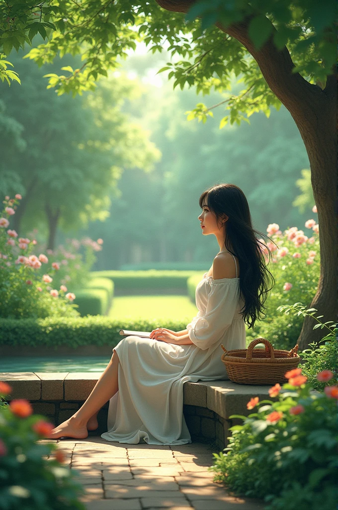 A woman is sitting in the garden