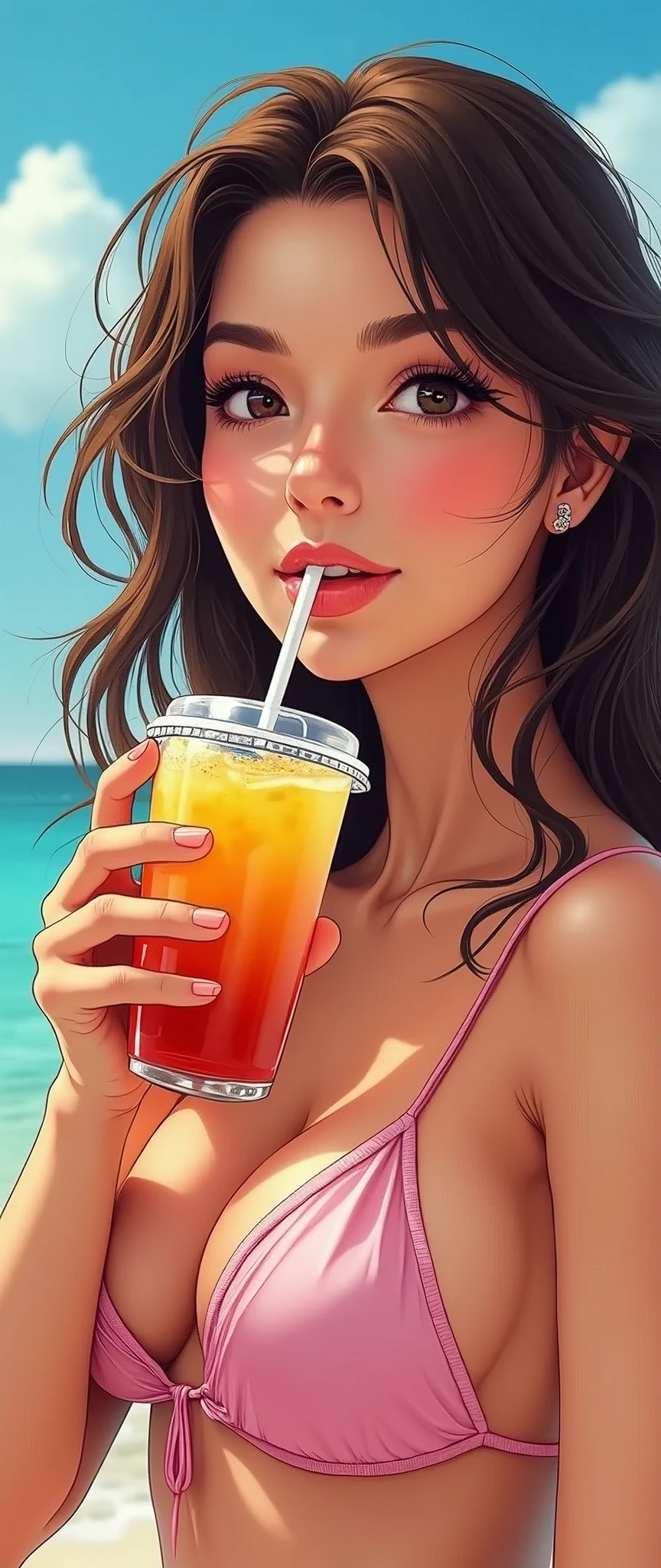 (masterpiece:1.2, Highest quality,Highest quality,Very detailedな:1.2),(Very detailed),8k,(Best illustrations:1.2),(Vector art,Vector Flat),(1 female),(Random nationality women,Beautiful Face,Beautiful Eyes,Beautiful Hair,Detailed skin texture:1.3,Beautiful Hands:2.0,Detailed hands:1.2,Cute Nail Art:1.2,Random hairstyle),(A woman drinking a new fruit Frappuccino,straw,Stylish tableware,A stylish seaside coffee shop),(Stylish Photos),(Cool looking photo),(A delicious smile:1.2),(summer),(Detailed depiction down to the last detail),(Swimwear:1.6)