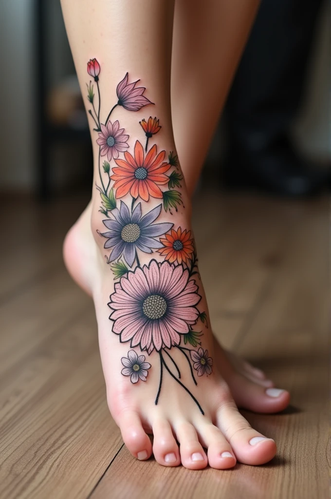 Pointillism tattoo on the foot with flowers
