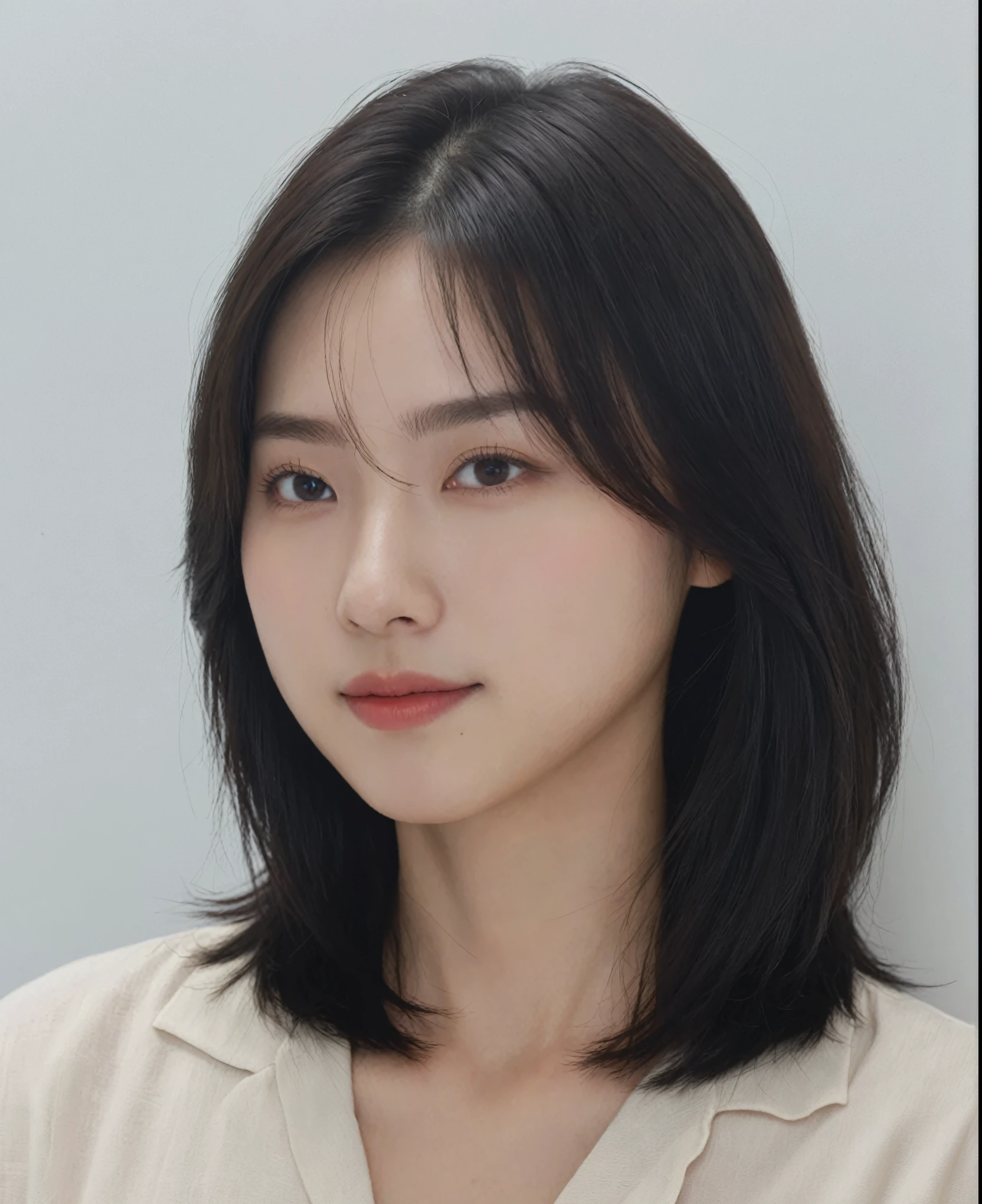 Best Quality, 8k, Masterpiece, (Portrait: 1.3), (photo realistic:1.4), (hyper realistic:1.4), Sharp Focus, looking at viewer, (smoother lighting:1.1), (increase cinematic lighting quality:0.9), realistic lighting, backlighting, light on face, ray trace, (brightening light:1.2), (Increase quality:1.4), sharp detail, (best quality real texture skin:1.4), finely detailed eyes, black_eyes, finely detailed face, 25 year old Korean woman, (white formal_shirt:1.4), (Create an image maintaining the original base model hairstyle:1.5)