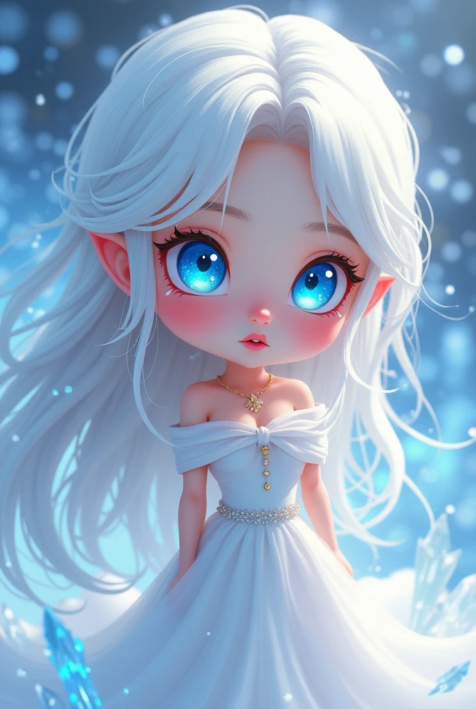 Long white haired woman in chibi, blue bright eyes,blue bright eyes,blue bright eyes, brunette skin, white gown, pink mouth, red cheek, ice crystals scenery