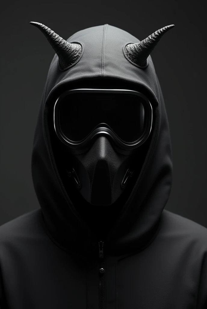 ski mask with very small horns on top and welding goggles over the eyes all black