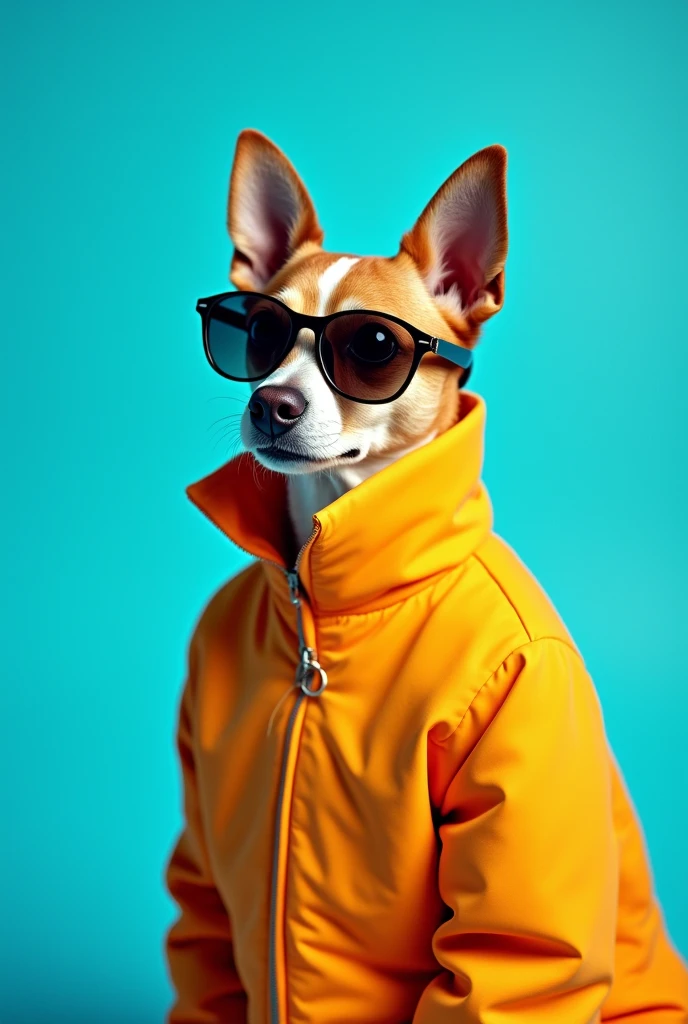 The best cell phone wallpaper, Award-Winning Wallpaper, portrait photography, In the front view is a portrait of a cute dog wearing mid-1960s space age fashion, Side view photo, Shot with Canon EOS R5, Set a strong contrast that accentuates the subject, Fluorescent blue tone, Wearing a very modern coat and sunglasses is a modern 1960s style, Clothes all in one color, beautiful background