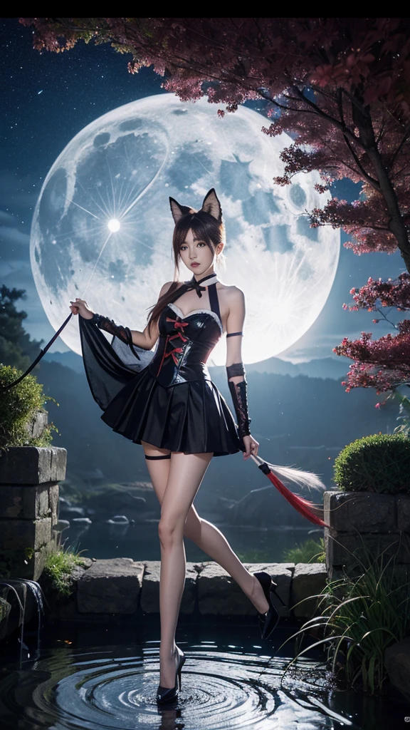 Delicate and dainty young woman with shiny bob-cut black hair and real cat ears. She is wearing red only dress with mini-skirt. The background is a fantastic and ethereal night sky that seems to be haunted by a specter. Her expression is stern and atmospheric. 10 years old, real photo style, beautiful face, stockings,