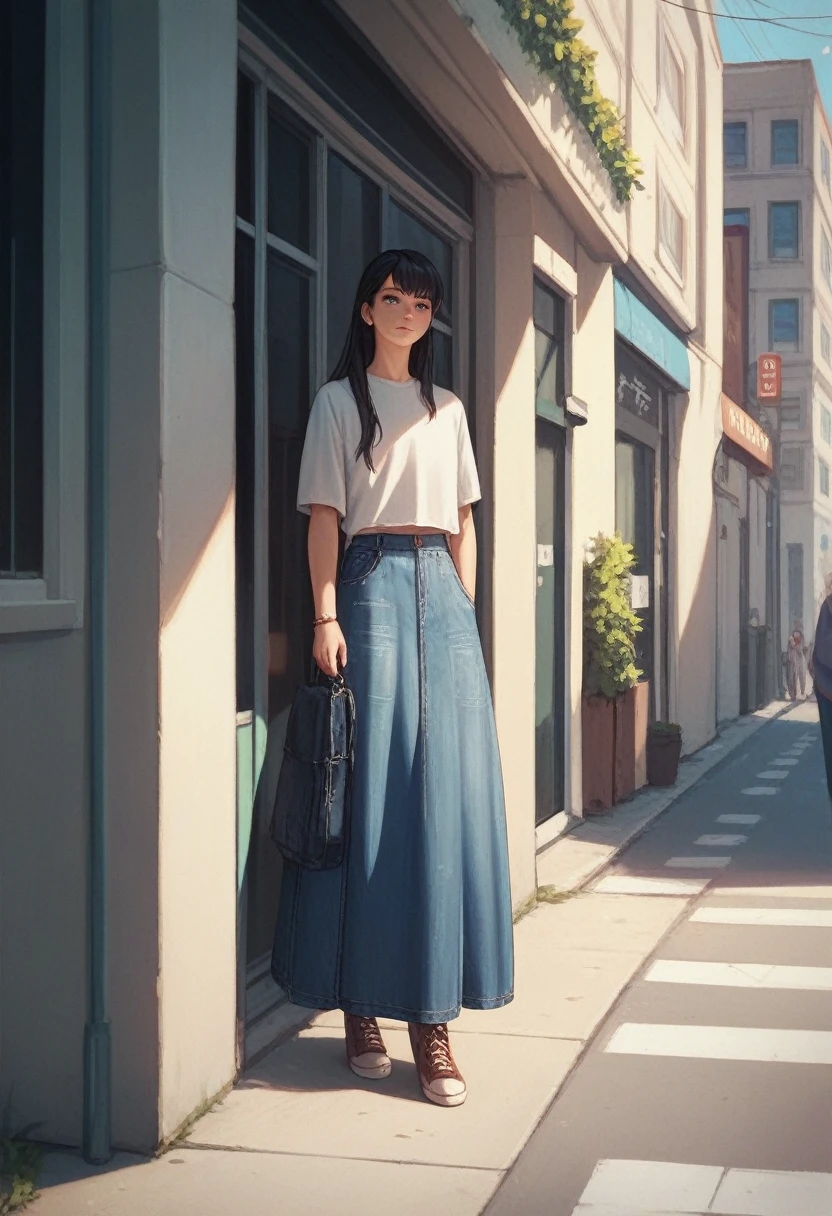 Girl, denim long skirt , skirtis very long,street,standing,cool ,anime