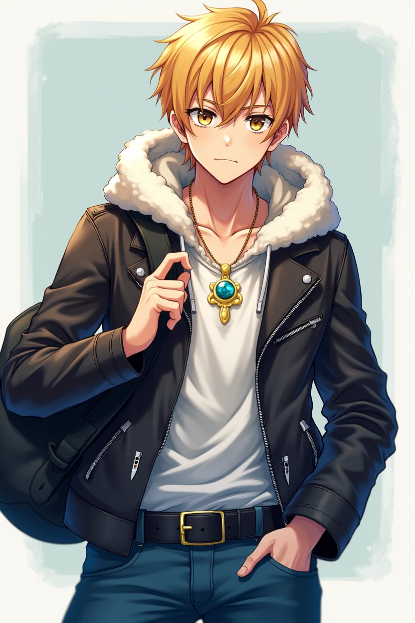 adolescent, Whole body, serious face, attractive, athletic body, blond hair, eyes the color of honey, Leather jacket with polar fleece on the hood, schoolbag, belt with knives, blue pants, black boots, Gold necklace with a sky-blue gem, power in one hand, anime, 4k, epic