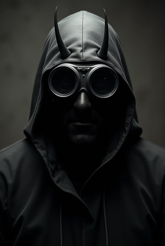 ski mask with very small horns on top and welding goggles over the eyes all black