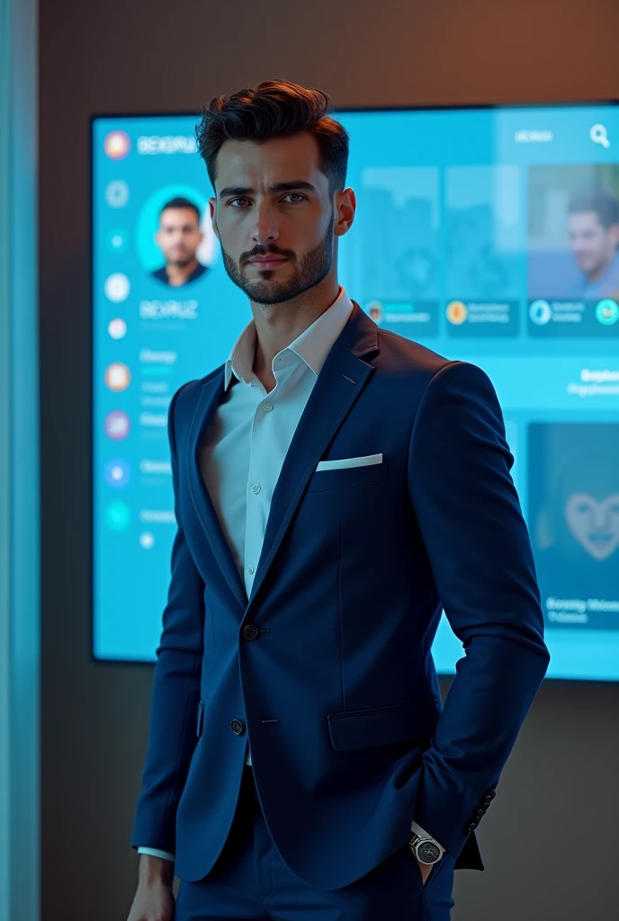 handsome boy setting on a social media logo "Telegram". wearing blue suite. The background is mockup of his Telegram profile page with a profile name "BEXRUZ" and a profile picture. soft light reflection