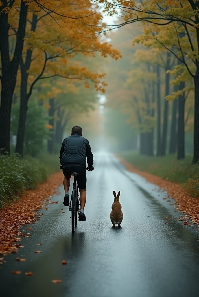 One cycle standing on the road and rabbit crossing the road outside road trees with beautiful rainy weather look so beautiful trees leafs on the road.