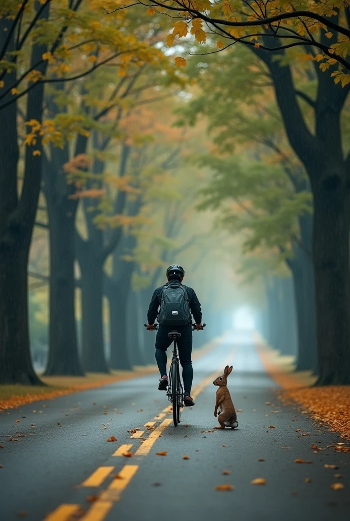 One cycle standing on the road and rabbit crossing the road outside road trees with beautiful rainy weather look so beautiful trees leafs on the road.