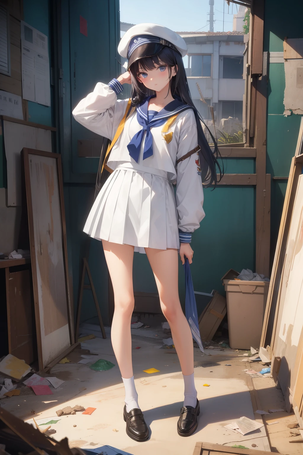Highest quality、masterpiece、Closed，[[Inside a destroyed classroom]]Garbage scattered on the ground，Dirty，Standing pose facing forward，Very beautiful, long and slender legs，Sailor suit