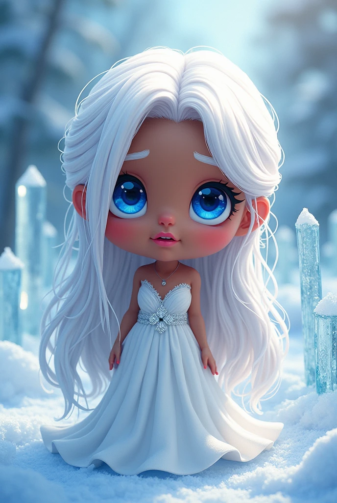 Long white haired woman in chibi, blue bright eyes,blue bright eyes,blue bright eyes, skin black, white gown, pink mouth, red cheek, ice crystals scenery
