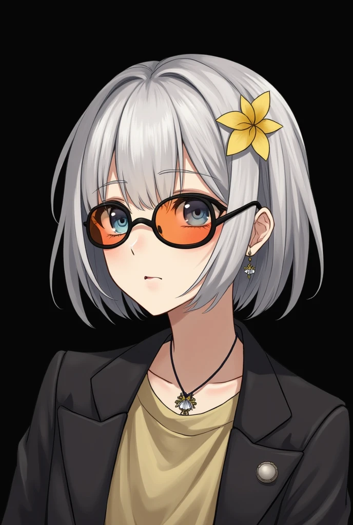 , (masterpiece:1.2), Highest quality,The middle of a journey,
alone, Tinted Glasses, jewelry, hair ornaments, View your audience, Black background, One Girl, short hair, blue eyes, Earrings, Simple Background, flower, Upper Body, hair flower, orange-Tinted Glasses, sunglasses, necklace, Jacket, Mouth closed, flower柄プリント, bangs, blonde, Gray Hair, Compensate, Round Glasses, Earrings、In a completely different expression
