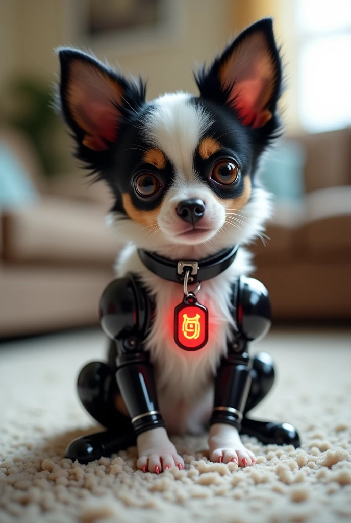 A   Hyperrealism, full body close-up shot of a robotically enhanced Chihuahua, its adorable with white hair under the chin and on the belly it's back tail and legs are black, there is 2 small tan hair areas above its beautiful gold eyes and a sweet playful expression on its face, perched atop a sleek black metallic body with silver accents thick neon red dog color around the neck with a digital dog tag that is red with gleaming robotic legs but realistic black paws. playing on the carpeted floor in a living room, The stark contrast between organic and synthetic features creates an intriguing visual dichotomy, inviting the viewer to ponder the intersection of technology and cuteness, retina, accurate, masterpiece, super detail, high details, best quality, award winning, highres, HD, 4K, 8k, 16k, realistic