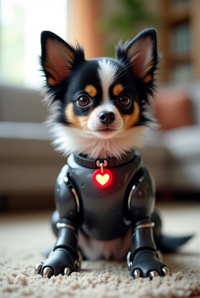 A   Hyperrealism, full body close-up shot of a robotically enhanced Chihuahua, its adorable with white hair under the chin and on the belly it's back tail and legs are black, there is 2 small tan hair areas above its beautiful gold eyes and a sweet playful expression on its face, perched atop a sleek black metallic body with silver accents thick neon red dog color around the neck with a digital dog tag that is red with gleaming robotic legs but realistic black paws. playing on the carpeted floor in a living room, The stark contrast between organic and synthetic features creates an intriguing visual dichotomy, inviting the viewer to ponder the intersection of technology and cuteness, retina, accurate, masterpiece, super detail, high details, best quality, award winning, highres, HD, 4K, 8k, 16k, realistic