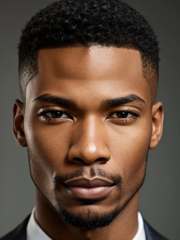 A waist-up portrait of a handsome African American male whose face combines features of Charles Michael Davis + Broderick Hunter + Nathan Mitchell. Symmetrical eyes. Symmetrical face. Photorealistic. Full-colored photo. Professional photo. Highly detailed 8K.