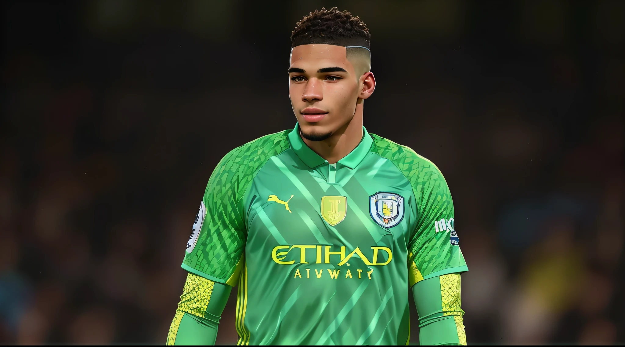 Manchester City footballer in green and yellow uniform stands on the pitch, Ederson, goalkeeper, 2 0 2 2, 2022, 2023, 2 0 2 3, city, profile picture, cheeky grin, Profile shot