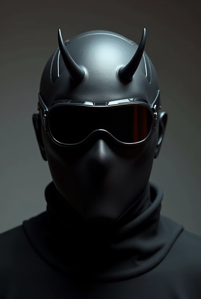 ski mask with very small horns on top and welding goggles over the eyes all black