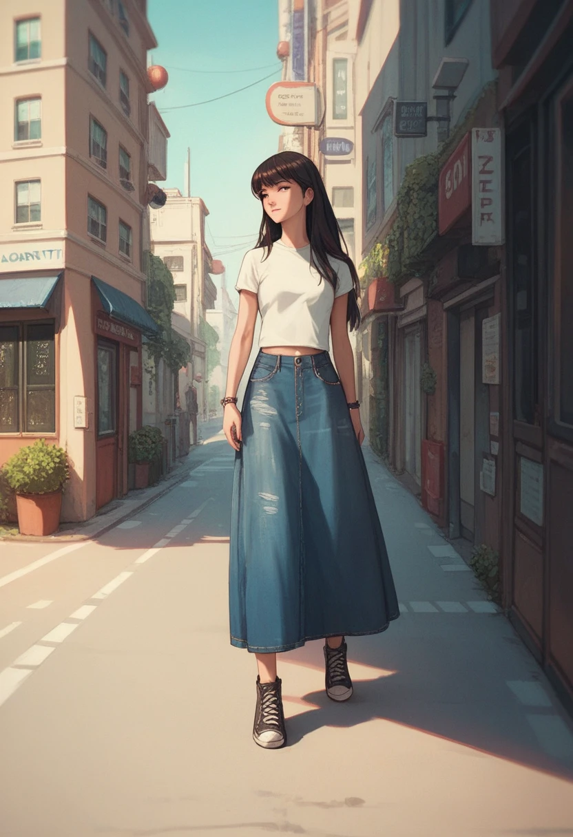 Girl, denim long skirt , skirtis very long,street,standing,cool ,anime