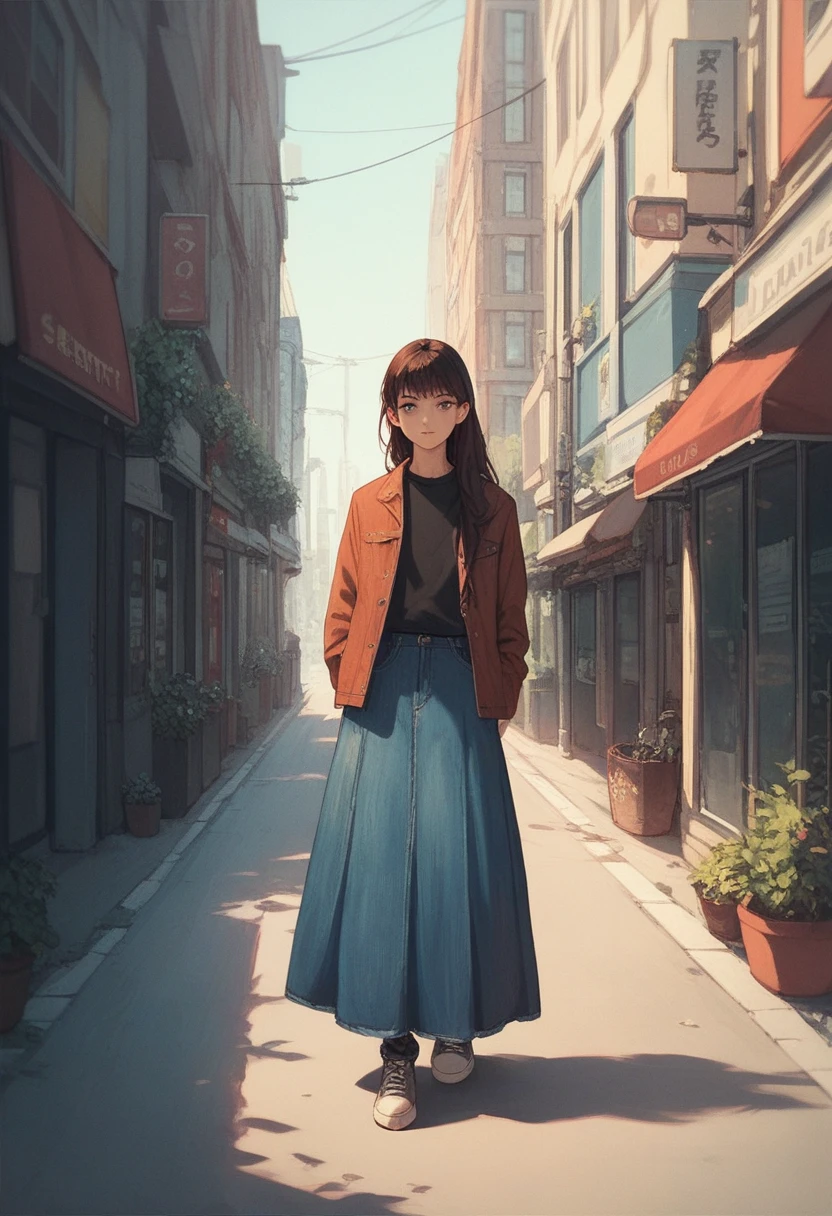Girl, denim long skirt , skirtis very long,street,standing,cool ,anime