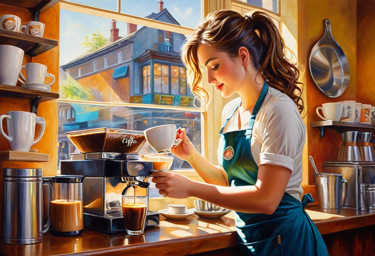 A vibrant and captivating painting of a gorgeous barista at work, showcasing her curvy figure from a side view. She is skillfully preparing a tantalizing cup of coffee, her movements fluid and precise. The sunlight streams in through the window, casting a warm glow and emphasizing the rich colors and textures. The background reveals the cozy coffee shop ambiance, with shelves filled with coffee beans, mugs, and other accessories, creating an inviting and enchanting atmosphere.
