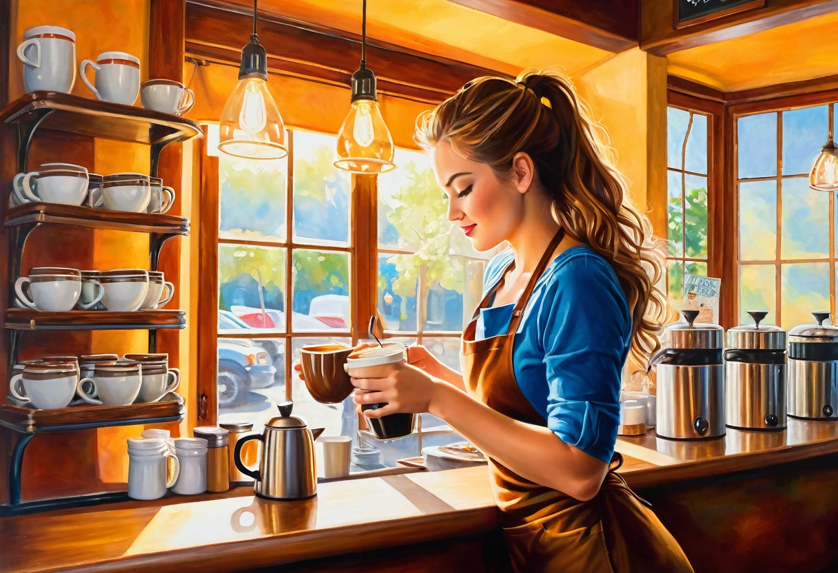 A vibrant and captivating painting of a gorgeous barista at work, showcasing her curvy figure from a side view. She is skillfully preparing a tantalizing cup of coffee, her movements fluid and precise. The sunlight streams in through the window, casting a warm glow and emphasizing the rich colors and textures. The background reveals the cozy coffee shop ambiance, with shelves filled with coffee beans, mugs, and other accessories, creating an inviting and enchanting atmosphere.