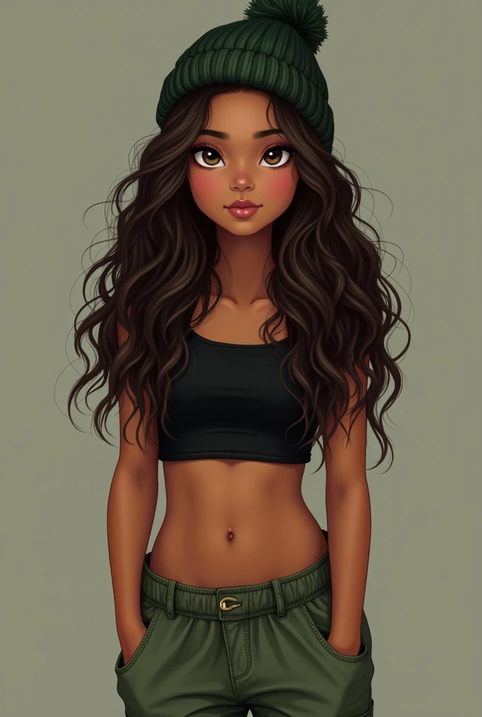 Beautiful girl with wavy long hair, black crop top, sage green cargo pants, a dark green beanie, Indian, American.