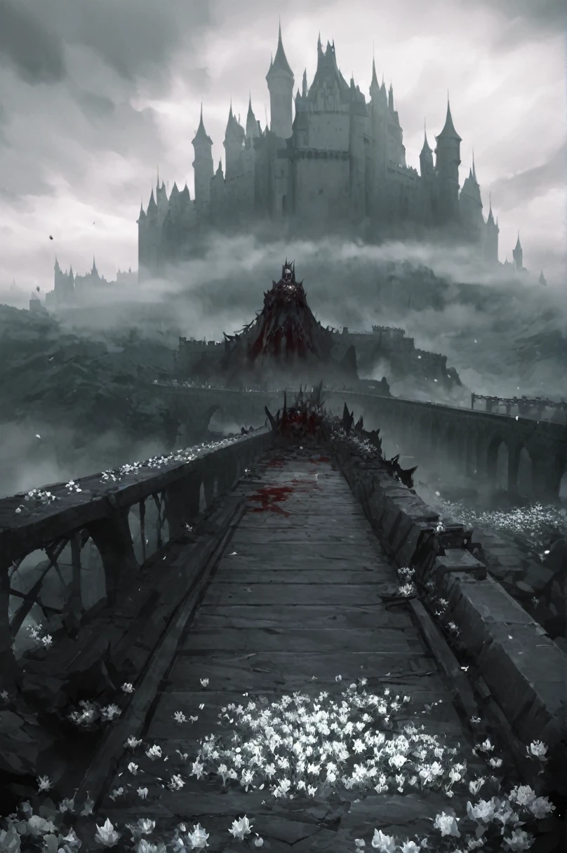 Big Wide Bridge, castle in the background, haze, brutally excessive, great knight with great shield, fallen knights, corpses, karo, blood on the bridge, white flowers under the bridge, stunning landscape (dreamy landscape)