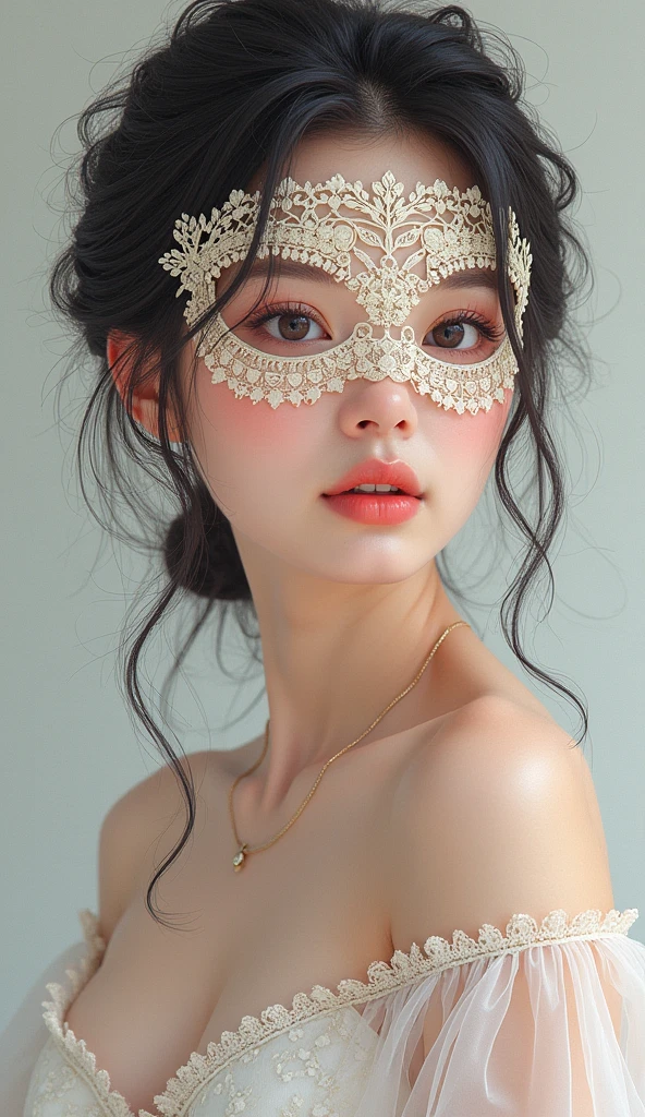 frontal a full-length, shaved ice, korean k-pop girl wearing a lace-decorated eye mask, Delicate face, legs, thick acrylic illustration on pixiv, detailed eyes, innocent, by Kawacy, by john singer sargent, Masterpiece high quality, 8k, ultra detailed, the latest pixiv illustrations