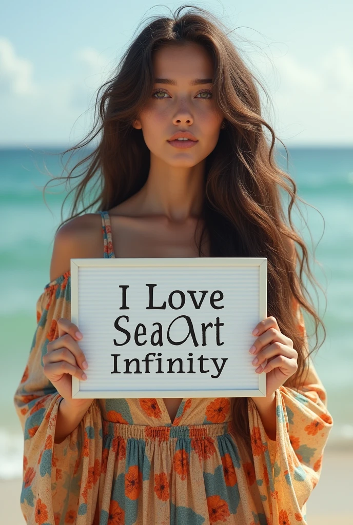 Beautiful girl with wavy long hair, bohemian dress, holding a white board with text "I Love Seaart Infinity" and showing it to the viewer