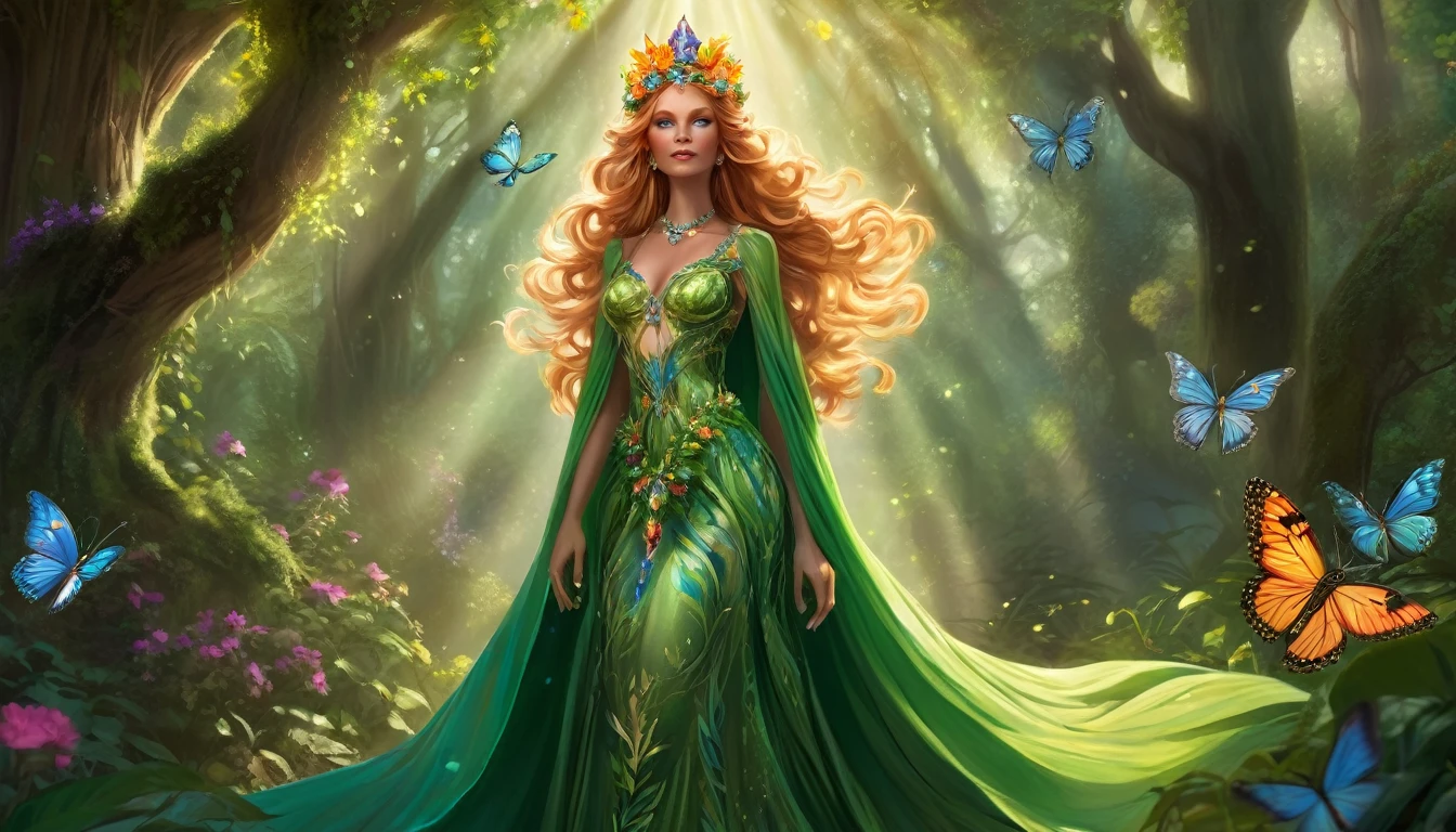 In a sun-dappled forest, Elara, a mystical enchantress, stands adorned with a crown of vibrant flowers and delicate jewelry. Her green, gem-embellished gown reflects the lush foliage around her. Butterflies and exotic flowers add to the enchanting aura, as beams of sunlight filter through the trees, illuminating her ethereal presence.