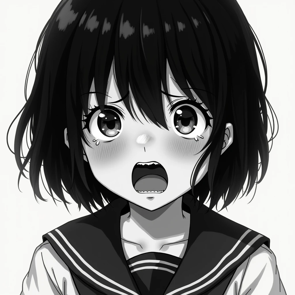 Black and White、With red cheeks and teary eyes、I narrowed my eyes a little、A girl with black hair and bob hair with her mouth wide open、The photo mainly shows the subject from the neck up.、Wearing a sailor uniform