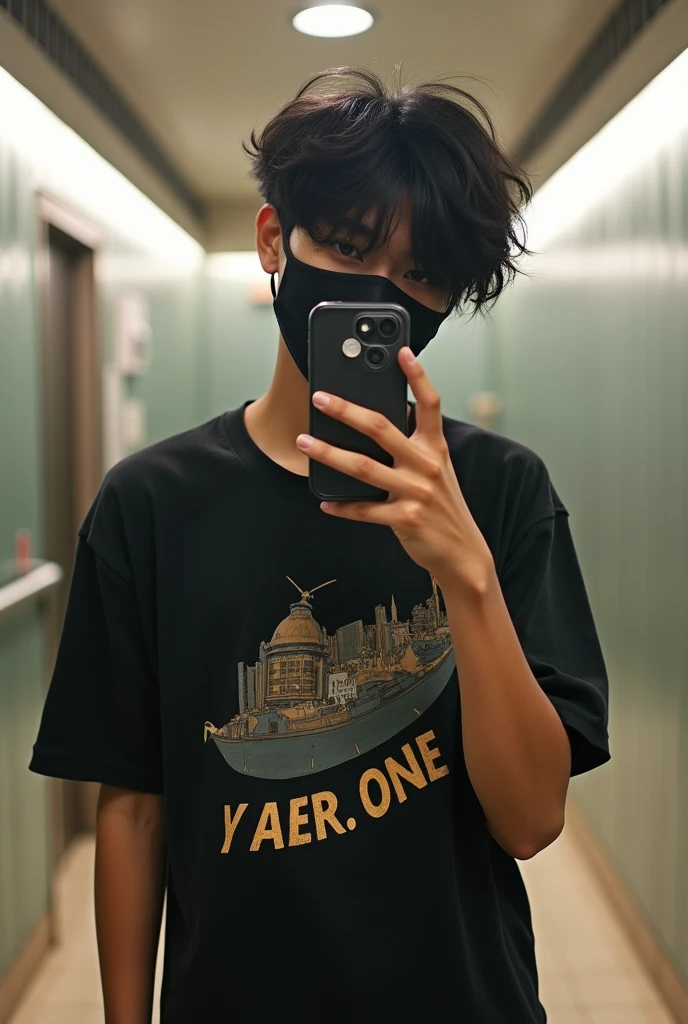 bored filipino 14y/o guy 161cm eye level hair with black mask and convenience store outfit at the mall bathroom taking a picture of his self