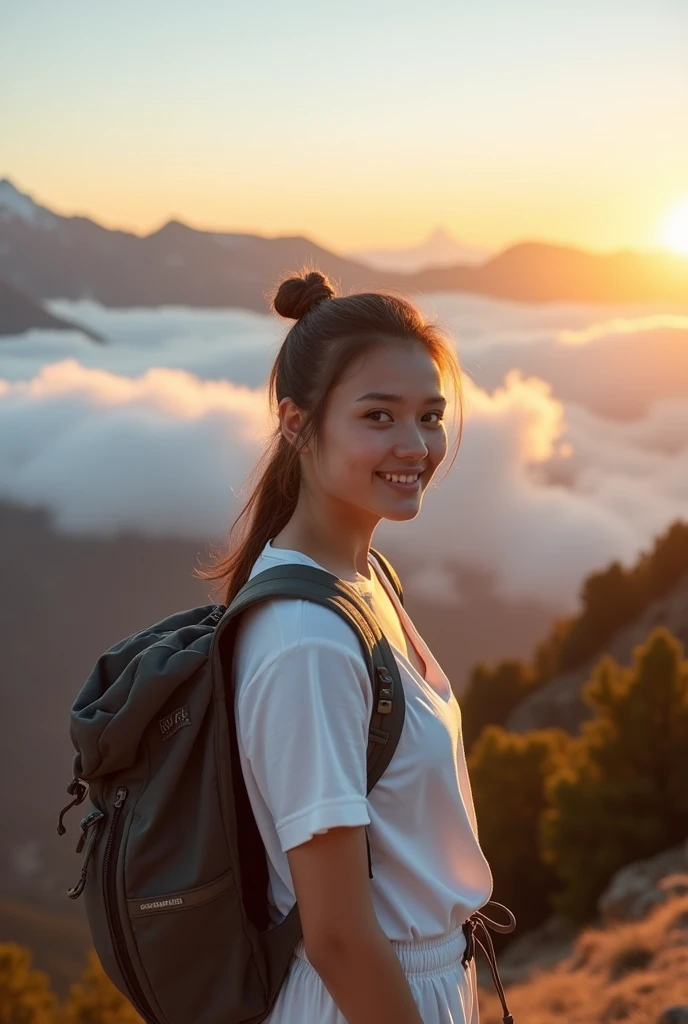 (Natural Landscape Photography), (Best Quality), masutepiece:1.2, 超A high resolution, (Magnificent mountain, sea of clouds), (At very high mountain peaks), (Beautiful sunset), (Wide angle shot),  (Show cleavage:0.8),
(1girl in), (Photo from the knee up:1.3), (18 years old), (Smile:0.9), (Shiny skin), (Semi-long chignon hair, dark brown hair), 
(Loose white shirt, Parachute pants), (Carrying a large backpack), 
(hyperdetailed face), (Super Beautiful Maid), (Ultra detailed eyes), (Ultra-detailed nose), (Ultra detailed mouth), (Ultra detailed arms), (ultra detailed body), Pan Focus, gaze at the audience