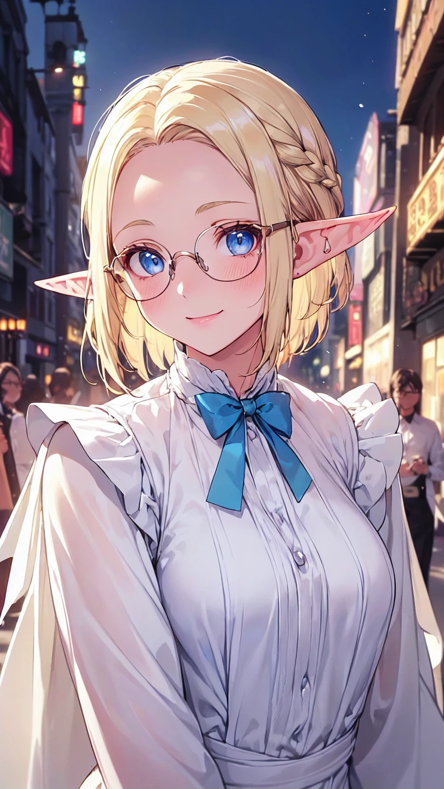 Very close、((Focus on the upper body))、16K、masterpiece、High resolution、High resolution、((1 young elven woman))、((Beautiful white skin))、((Beautiful blonde、Wide forehead visible、Glasses))、short hair、((Beautiful Blue Eyes))、((Pointed Ears))、Smiling Kindly、blush、((Formal wear))、((In a crowded city))、Courting me