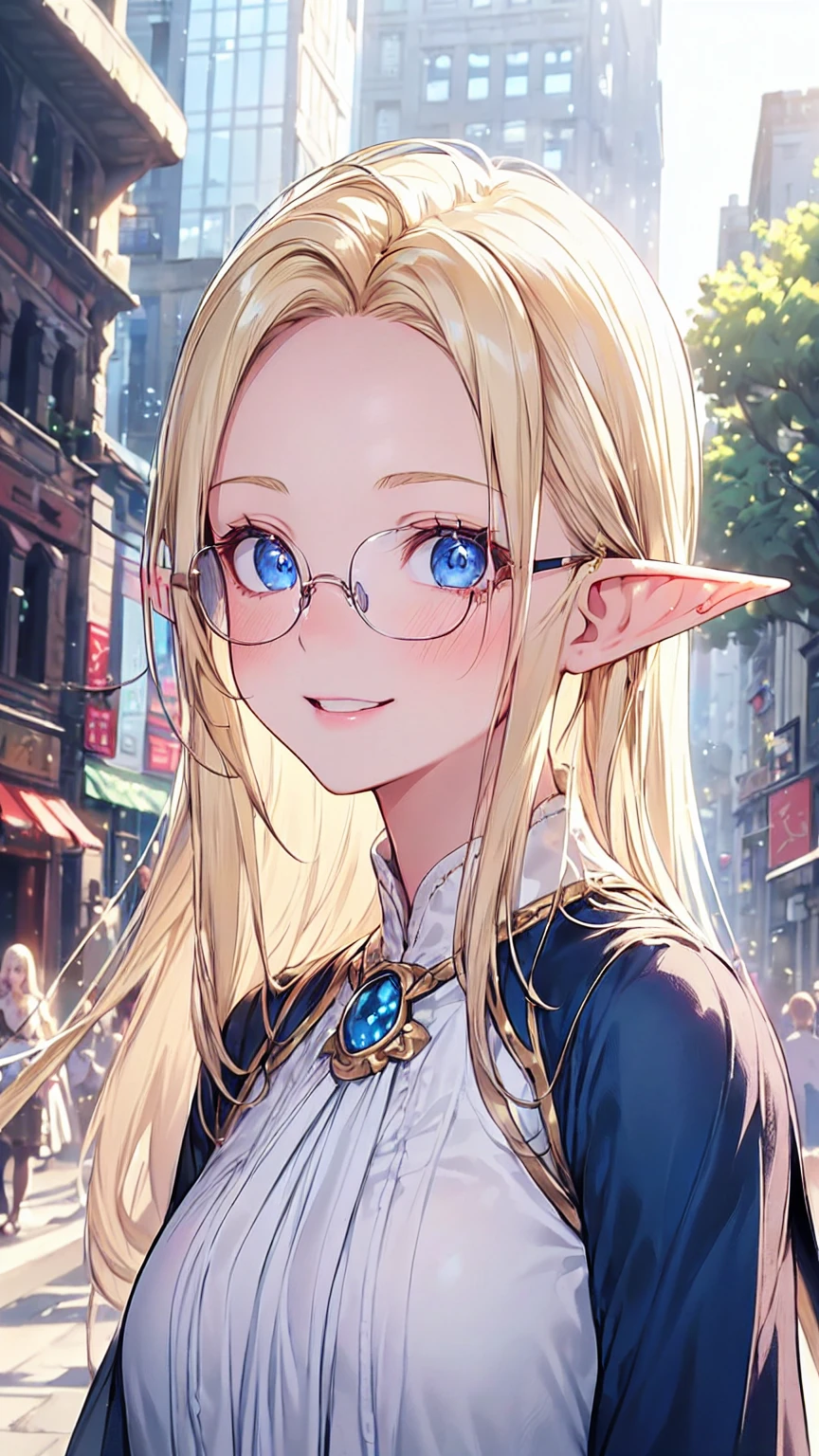 Very close、((Focus on the upper body))、16K、masterpiece、High resolution、High resolution、((****ung elven woman))、((Beautiful white skin))、((Beautiful blonde、Wide forehead visible、Glasses))、short hair、((Beautiful Blue Eyes))、((Pointed Ears))、Smiling Kindly、blush、((Formal wear))、((In a crowded city))、Courting me