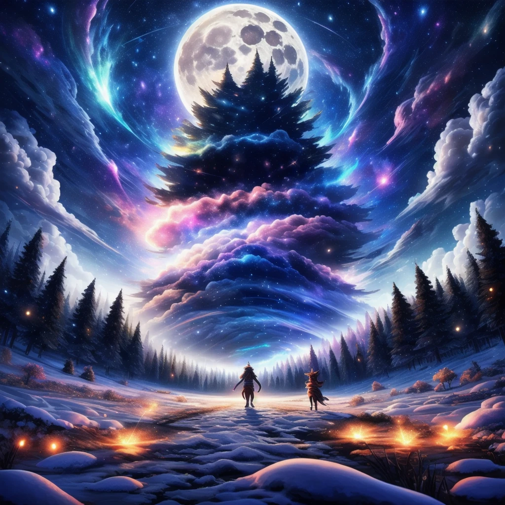 extensive landscape photography (a view from below showing the sky above and an open forest below), white tiger standing on a paved path looking at the landscape, full fur, magical fur (light particle around the white tiger), magic particle, magical fur (long and bushy), night setting, (full moon: 1.2), (shooting stars: 0.9), (nebula: 1.3), (warm light source: 1.2), (firefly: 1.2), (snowflake: 1.0), (snow on tree) (masterpiece: 1.2), (best quality), 4k, ultra detailed, (dynamic composition: 1.4), very detailed and colorful details, (iridescent colors: 1.2), (bright lighting, ambient lighting), dreamy, magical, (alone: ​​1.2)