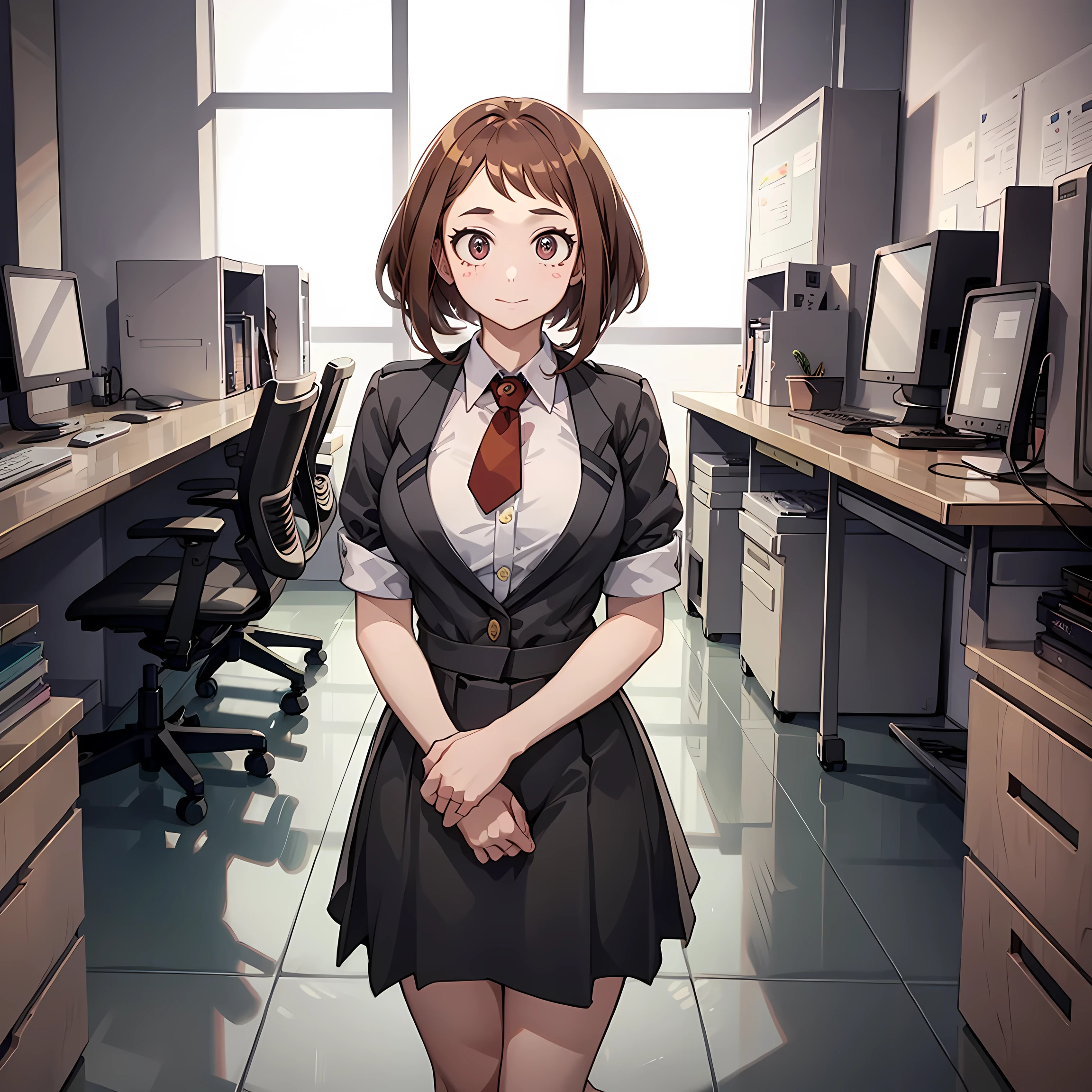 ((Uraraka Ochako)), ​masterpiece, sitting, office background, minimalist art, detailded, meticulous art, No defects, character focus, cenário detailded, corpo detailded, perfect hand, Perfect feet, beautiful  face, Body cute, animated cartoon, arte anime, perfect art, perfectionism, (1 girl), (standing alone), (((Maximum quality))), (adult  woman), ((secretary clothes)) social shirt, short black skirt, sitting em uma cadeira de escritório, seducing, sexly, nice legs, legs showing, front view, Beautiful Tits