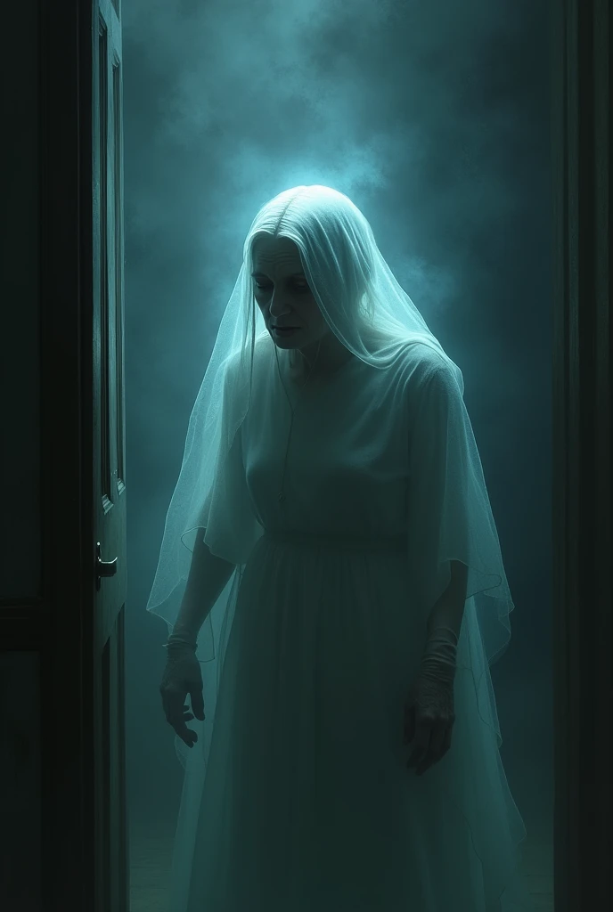 The ghostly figure of the old woman speaks, her voice chilling and echoing.