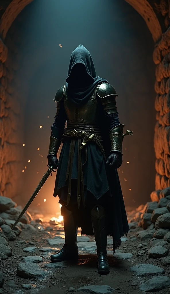 (masterpiece:1.2), (Highest quality:1.2), 8k, High resolution, Super detailed, ((Realistic)), Professional Light, Cinema Lighting, Fashion Photography, Ambient Lighting, background, Dark medieval dungeon, darkness, Spectacular photos, fire, stage, Thief in cloth armor, He holds a gold dagger in each hand.