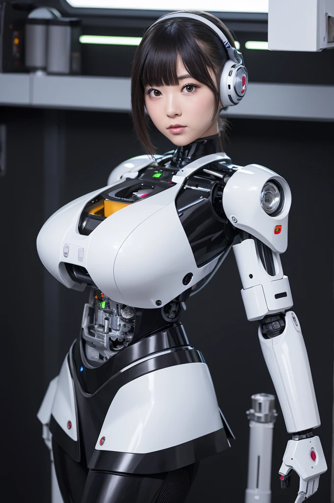 masterpiece, best quality, extremely detailed, Japaese android girl,Plump , control panels,android,Droid,Mechanical Hand, Robot arms and legs,Blunt bangs,perfect robot girl,long tube,thick cable connected her neck,android,robot,humanoid,cyborg,japanese cyborg girl ,future laboratory,robot laboratory,maintenance,connecting a cable between the legs,skirt, She is charging now,