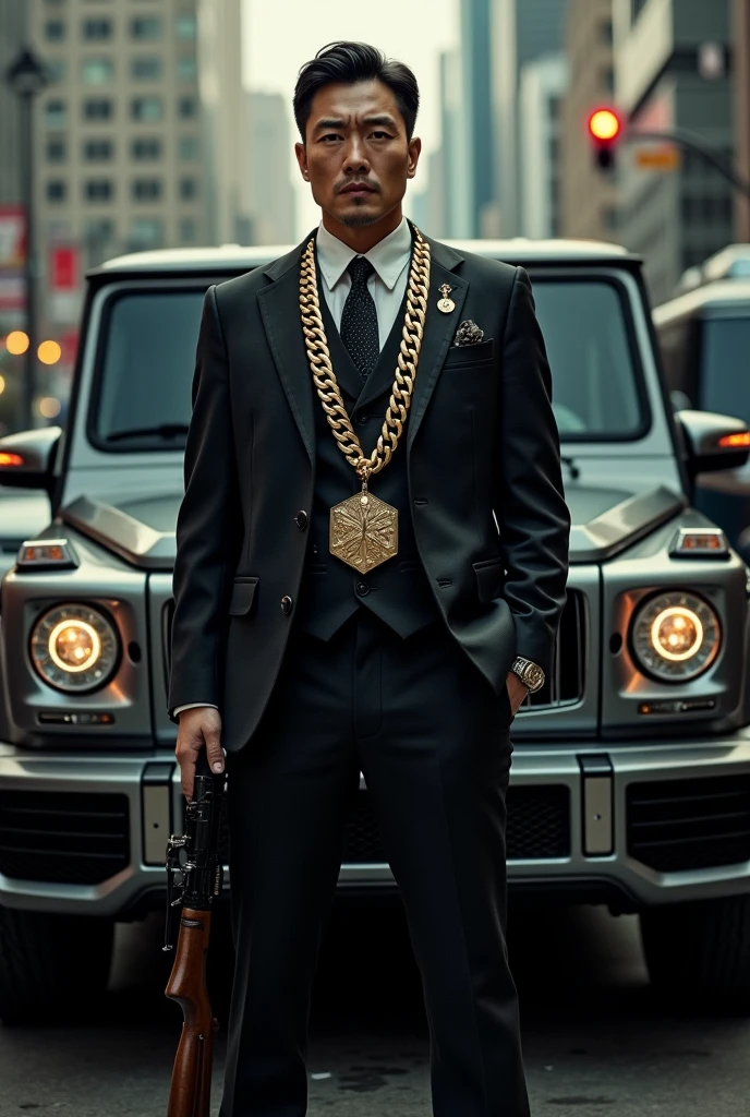 Mafia korean Mans showing G wagons and wear chains and guns