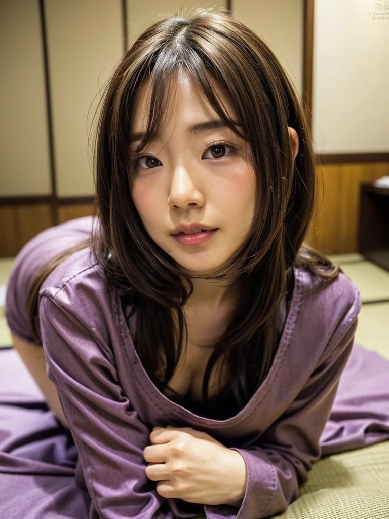 (tatami floor),(blurred hotel Japanese-style room background),(woman sitting leaning forward with her butt sticking up),(light brown hair),RAW fhoto, japanese 37yo woman, real skin(small tits),(flat chest),(small chest),)