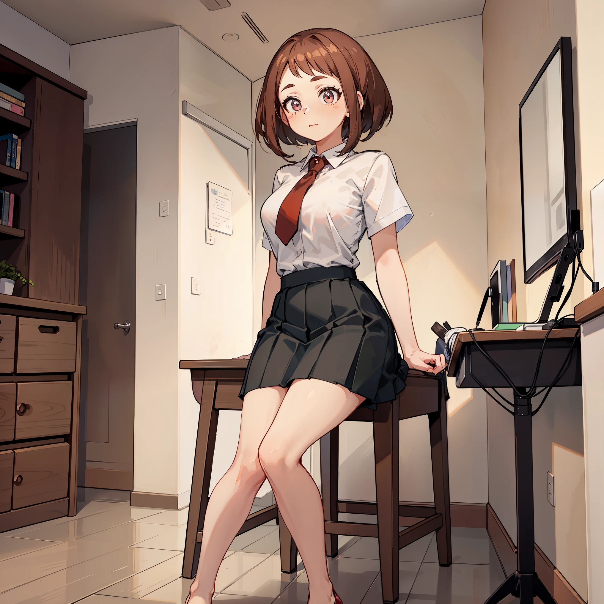 ((Uraraka Ochako)), masterpiece, sitting, office background, minimalist art, detailded, meticulous art, No defects, character focus, cenário detailded, corpo detailded, perfect hand, Perfect feet, beautiful face, Body cute, animated cartoon, arte anime, perfect art, perfectionism, (1 girl), (standing alone), (((Maximum quality))), (adult woman), ((secretary clothes)) social shirt, short black skirt, sitting em uma cadeira de escritório, seducing, sexly, nice legs, legs showing, front view, Beautiful Tits