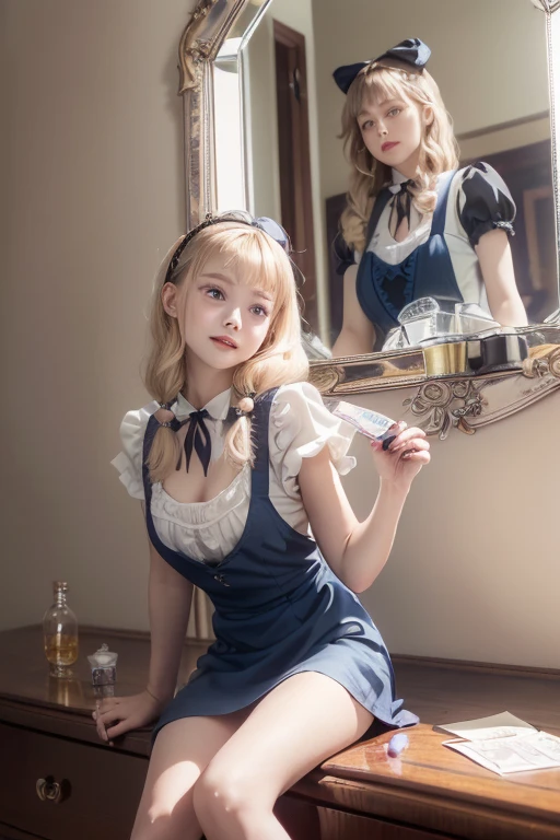 (masuter piece, high-quality, Mystical, Beautifully Aesthetic, ideal ratio of body proportions, offcial image art, Impresionism), (ultra high resolution, 8K RAW photo, photo realistics, natural lighting, textile shading), (1 matured woman:1.3, solo:1.5, milf:1.1), (Fractal pattern Art:1.2), shinny skin, tile patterns, ((alice in the wonderland:1.2, a girl floating in air:1.35, smiling with half-closing eyes)), ((flying PlayingCards, Trump, floating tea cup, floating tea pot, pocket watch:1.3, big mirror, lip sticks, candys, jam bottles)), cute animetic white rabbit, ((dark-Blue dress :1.5, a miniskirt, White Apron, white sock)), (platinum-blonde, tied hair with a ribbon), (Blue eyes, bright pupils with highlights, detailed eyes), (lying on your back:1.2, leaning backward:1.2, with rising up legs:1.3), ((dutch angle:1.5, full body:1.3, from below:1.2)), Exotic wallpapers, colorful image, simply background, fantastic, fantasy:1.5, ((correct anatomy:1.5, correct hand)),
