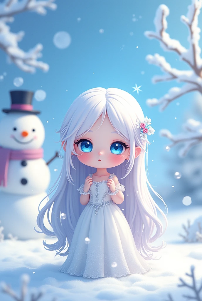 Long white haired woman in chibi, blue bright eyes,blue bright eyes,blue bright eyes, skin black, white gown, pink mouth, red cheek, snowy scenery with ice crystals, snowy scenery with ice crystals, snowman in the background