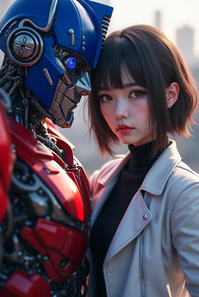 Sarashina Ruka and Optimus Prime, 1girl, black shirt, white jacket, detailed face, beautiful eyes, beautiful lips, long eyelashes, robot, cross-over, futuristic, intricate mecha details, dynamic pose, dramatic lighting, cinematic composition, vibrant colors, hyper-realistic, 8k, photorealistic, masterpiece, by artstation, ArtStation,
