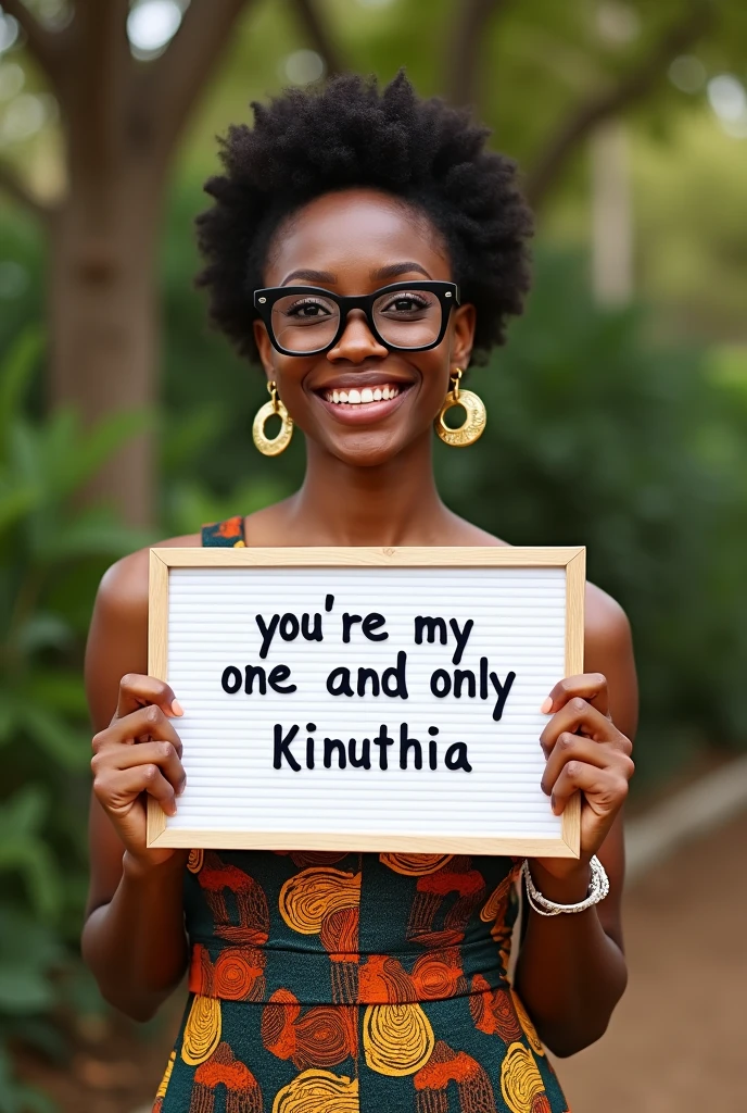 Beautiful black girl with short hair, beautiful brown eyes African dress, wearing black oversized glasses, smiling nature background real photography shot holding a white board with text "you're my one and only Kinuthia"