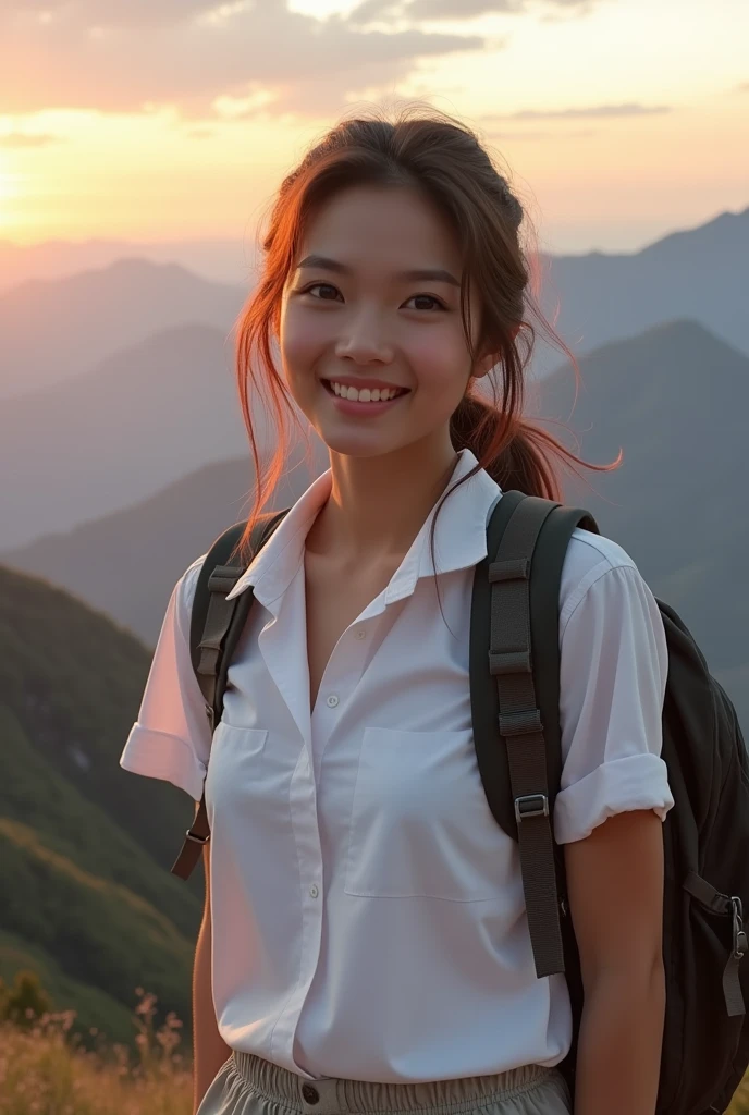 (Natural Landscape Photography), (Best Quality), masutepiece:1.2, 超A high resolution, (Magnificent mountain, sea of clouds), (At very high mountain peaks), (Beautiful sunset), (Wide angle shot),  (Show cleavage:0.8),
(1girl in), (Photo from the knee up:1.3), (18 years old), (Smile:0.9), (Shiny skin), (Semi-long chignon hair, dark brown hair), 
(Loose white shirt, Parachute pants), (Carrying a large backpack), 
(hyperdetailed face), (Super Beautiful Maid), (Ultra detailed eyes), (Ultra-detailed nose), (Ultra detailed mouth), (Ultra detailed arms), (ultra detailed body), Pan Focus, gaze at the audience